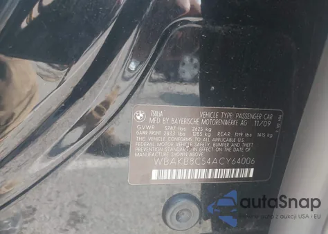 2010 BMW 750Li z USA, uszkodzony, nr VIN WBAKB8C54ACY64006